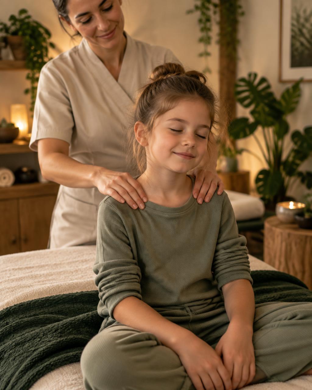 Massagem kids: criança sentada recebendo toque suave nos ombros