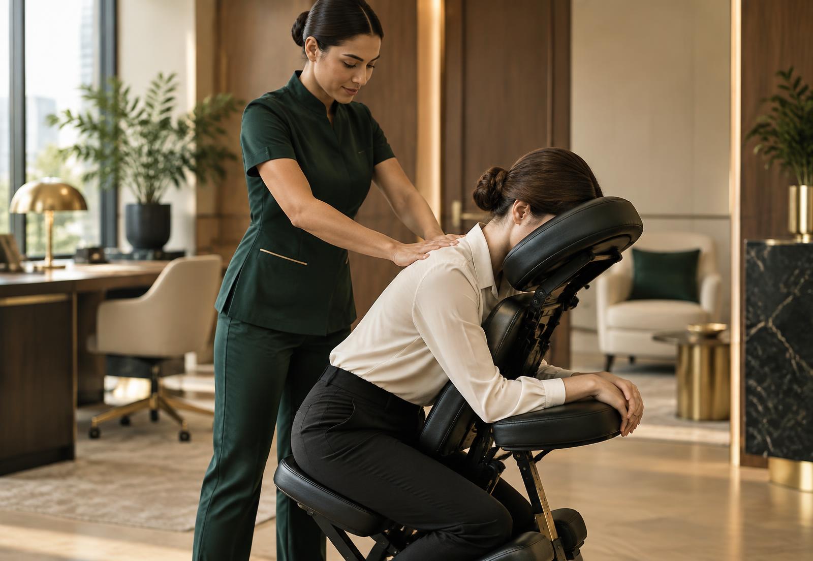 Sessão de Quick Massage corporativa em cadeira ergonômica dentro de uma empresa